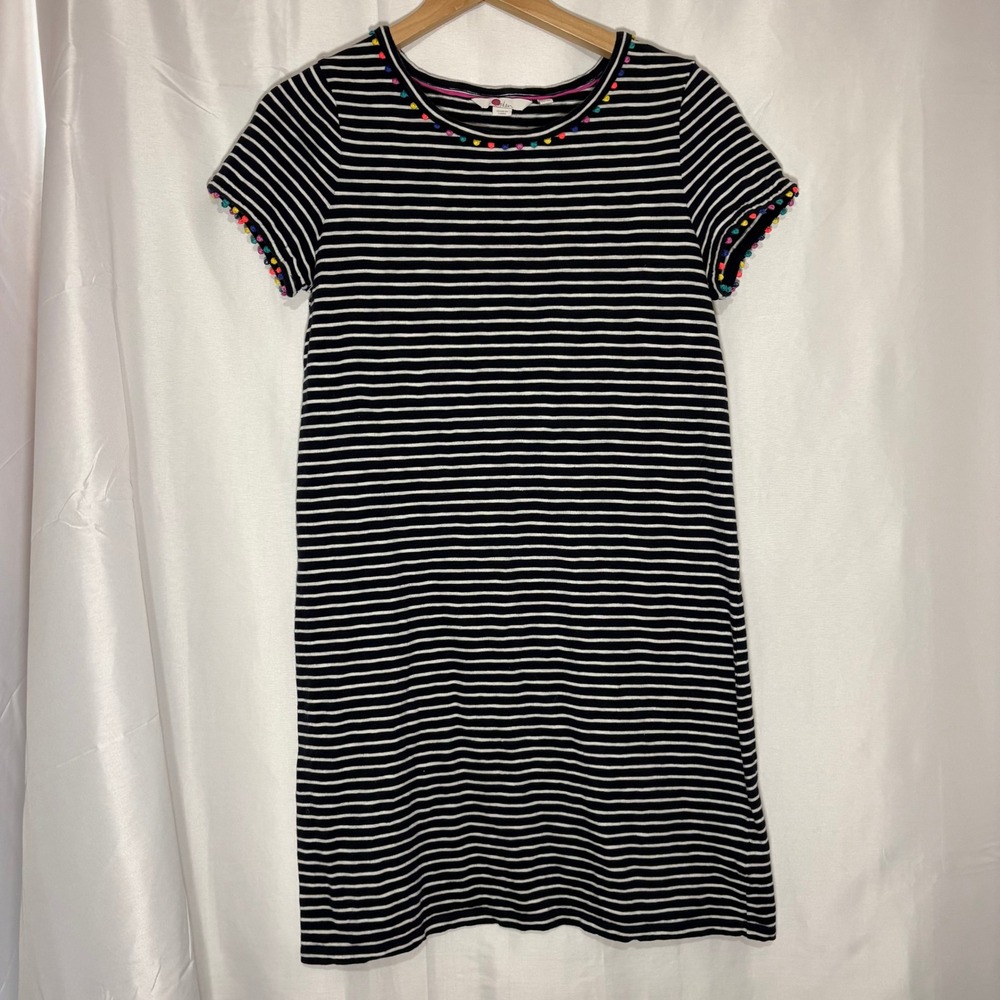 Boden Womens Navy White Striped Pom Pom Trim T-Shirt Mini Charlie Dress 4P